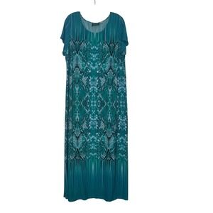 Bob Mackie Maxi Dress Womens 1X Teal Short Sleeve Wearable Art Boho